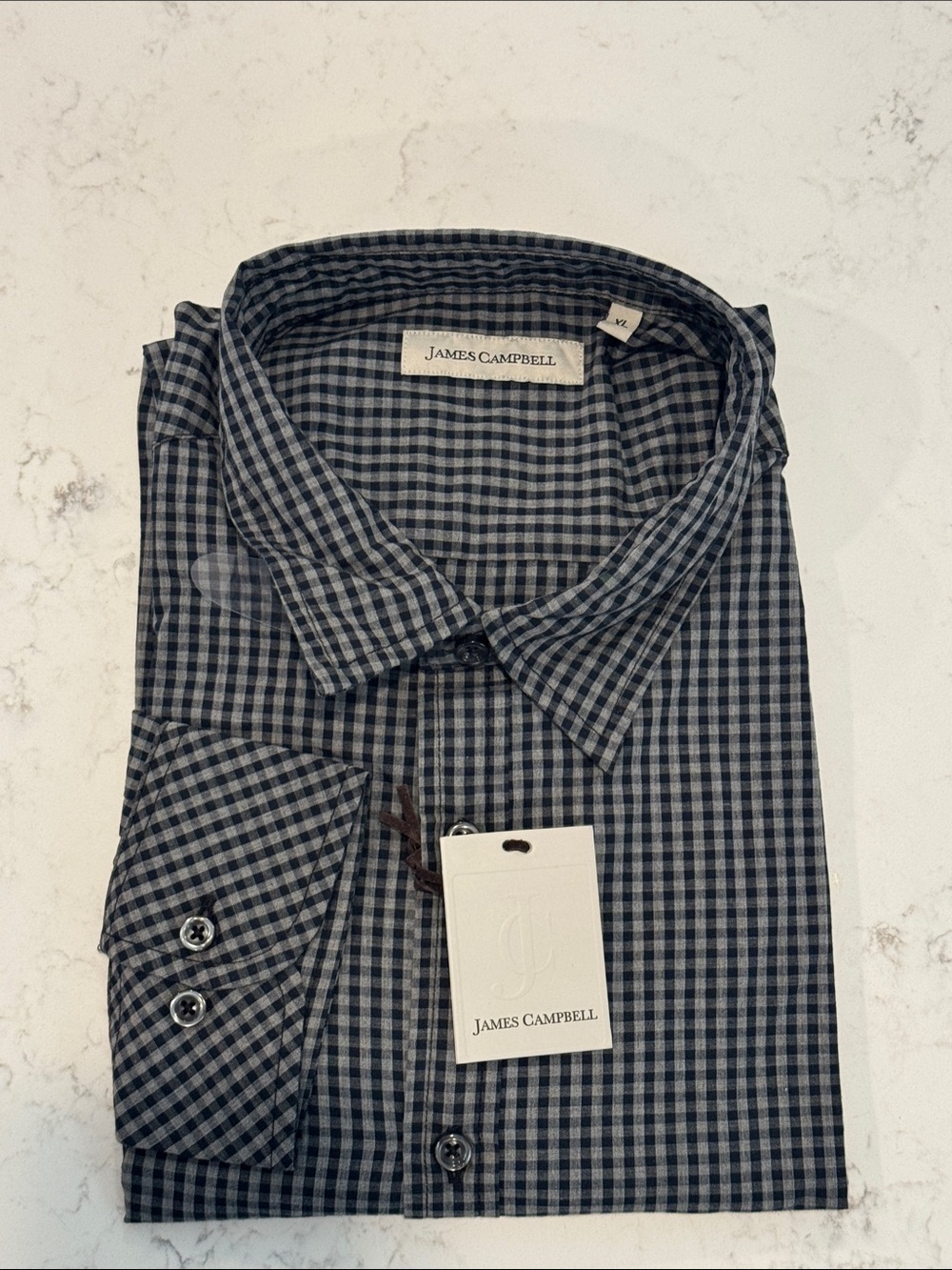 James Campbell Navy and Gray Gingham Dress Shirt